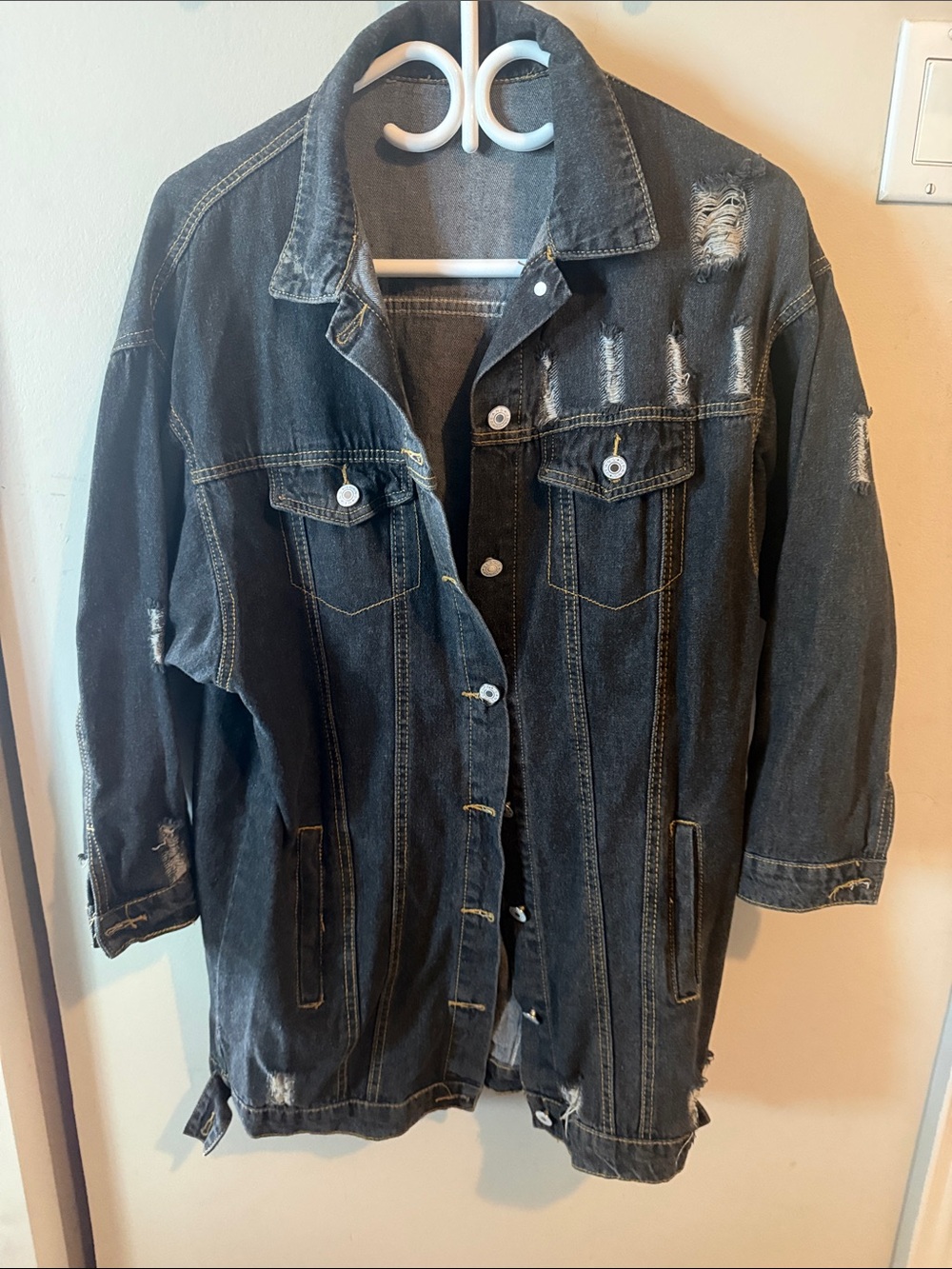 Black Distressed Denim Jacket with Button Front